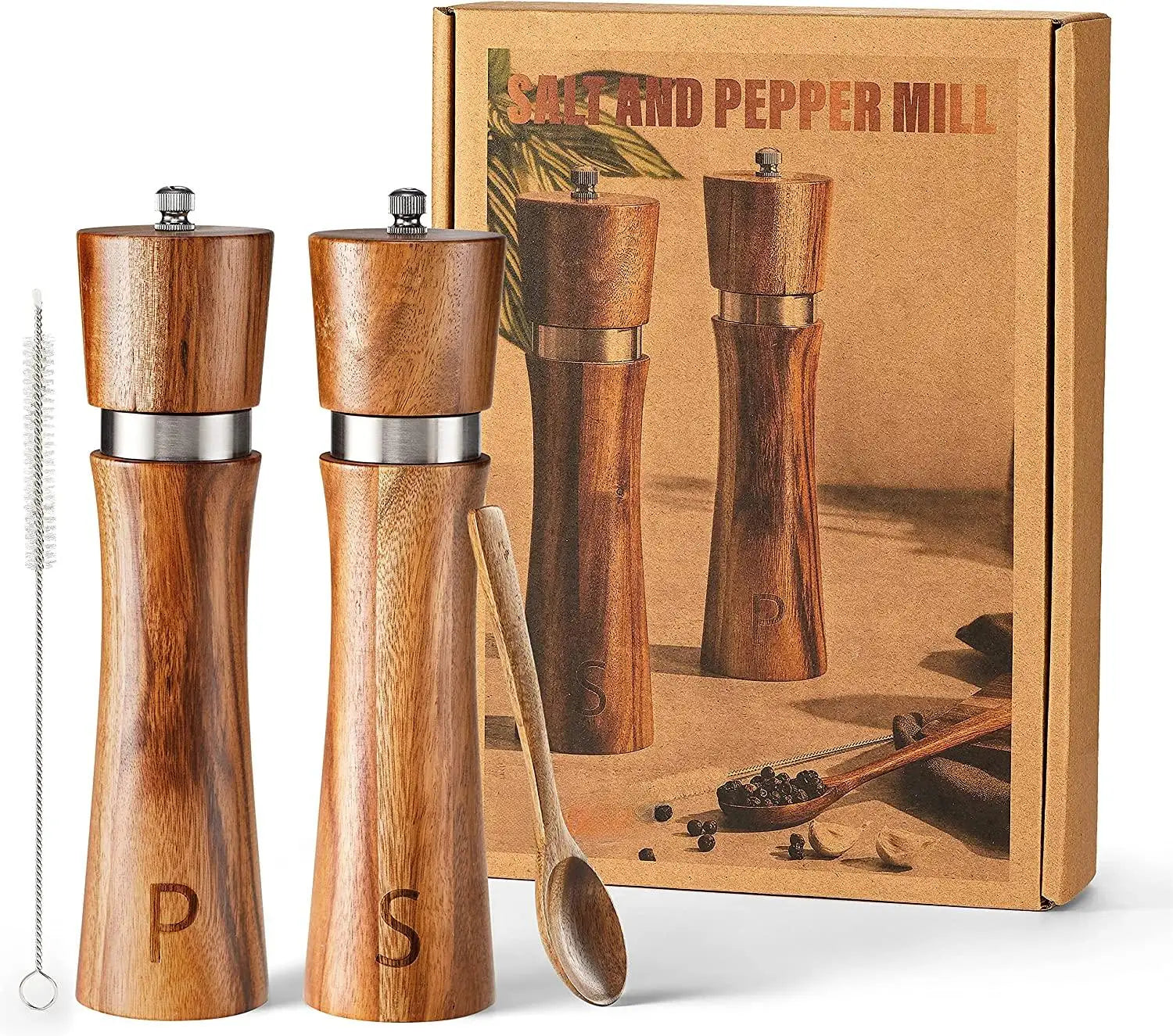 Blossom BPM-2827 8 Inch Acacia Wood Salt and Pepper Mill Set with Ceramic Core and Rotary Knob