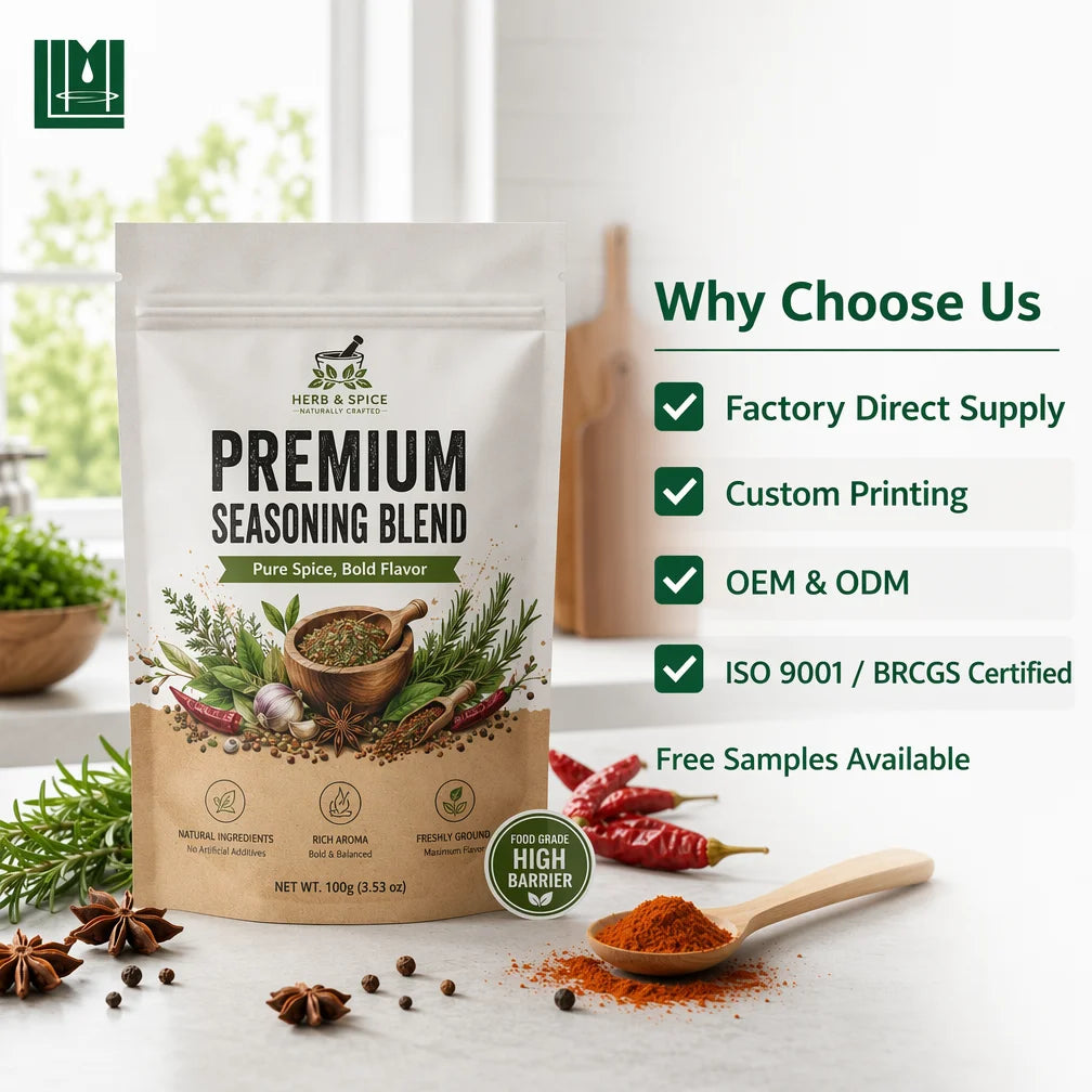 Custom Printed Gusset Stand up Pouch Food Grade High Barrier Zipper Resealable Bulk Powder Spice Bag BRCGS
