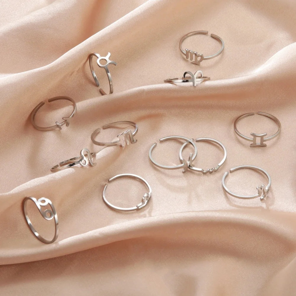 Adjustable Stainless Steel Zodiac Ring Aries Cancer Leo Virgo 12 Constellations Open Rings Women Jewelry Birthday Gifts