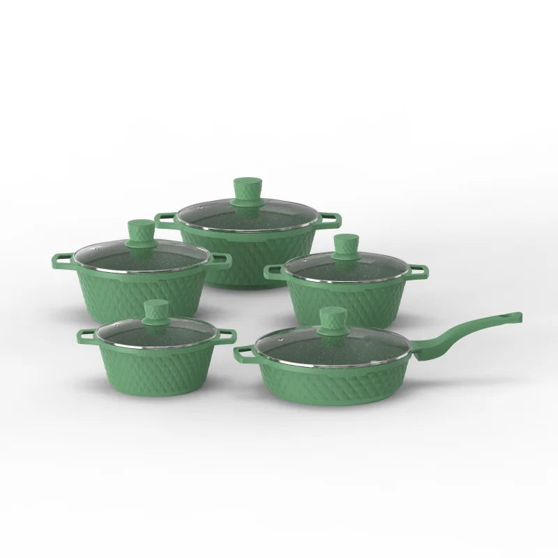 Dreeko 12-Piece Aluminum Die-Cast Spiral Cookware Set Non-Stick Granite Coating Tempered Glass Lids Overlapping Curve Design