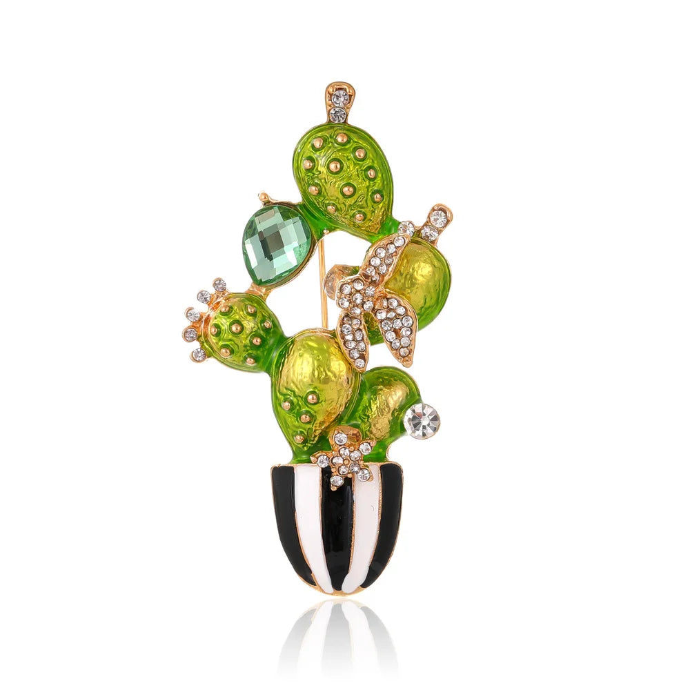 DRAL1138 Fashionable Retro Cactus Brooch Female Enamel Inlaid Diamond Brooch French Niche Temperament Accessory