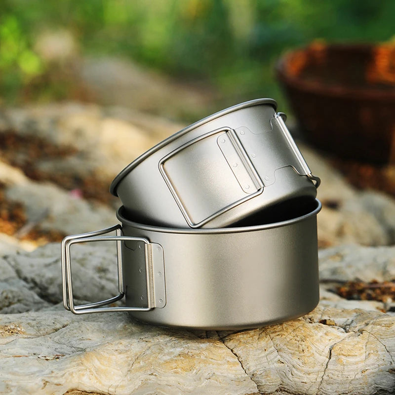 Titanium Single-Wall Cooking Bowl with Foldable Handle Outdoor Camping Dinnerware Accessories