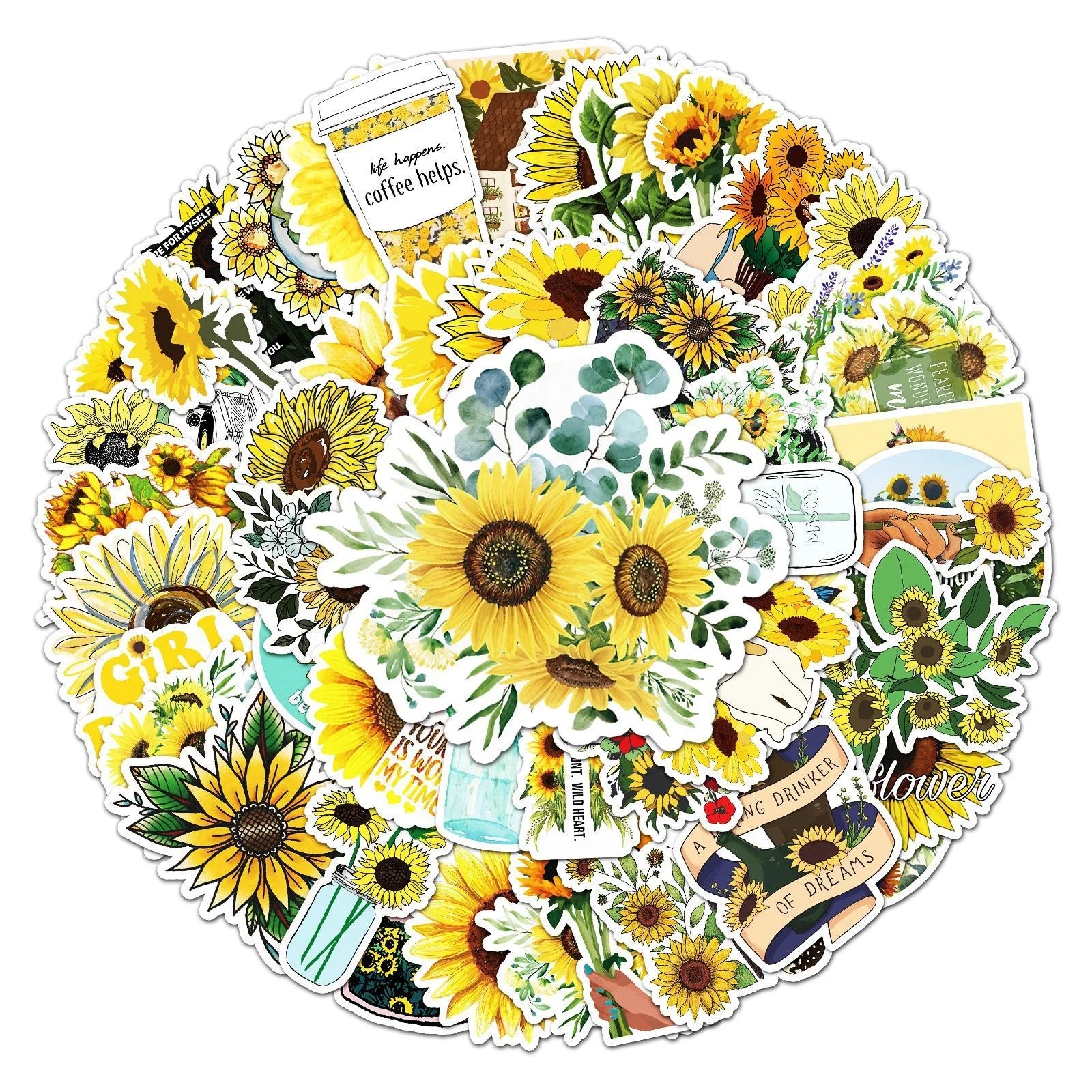 50pcs Die Cut Vinyl Waterproof Aesthetic Sunflower Decorative Sticker Pack for Kids Laptop Phone Notebook Luggage