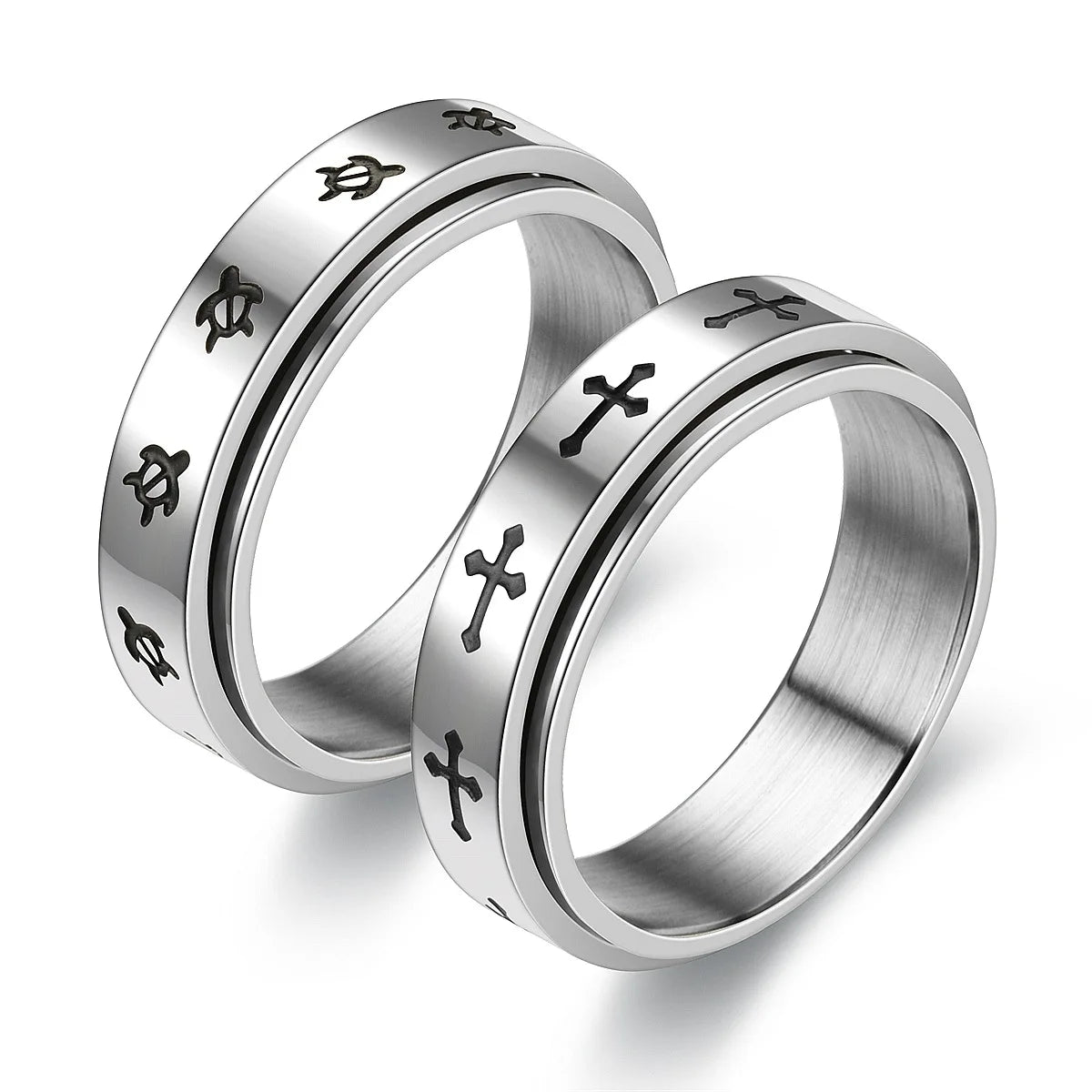 2025 Wholesale Stylish Unisex 6MM Turning Cross Rings Stainless Steel Rings Turning Turtle Anxiety Rings
