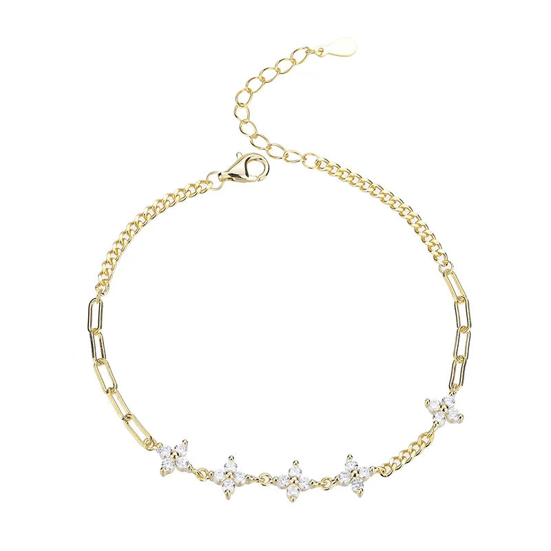 Pure 925 Sterling Silver Jewelry 18K Gold Plated Four Leaf Clover Chain Bracelet for Women