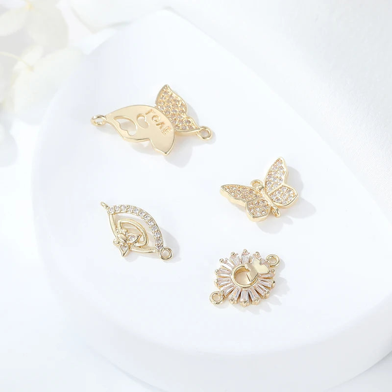 Wholesale Women's Trendy Jewelry Making Brass 14K Gold Plated Zircon Butterfly Connector Charm for Necklace and Bracelet Maki