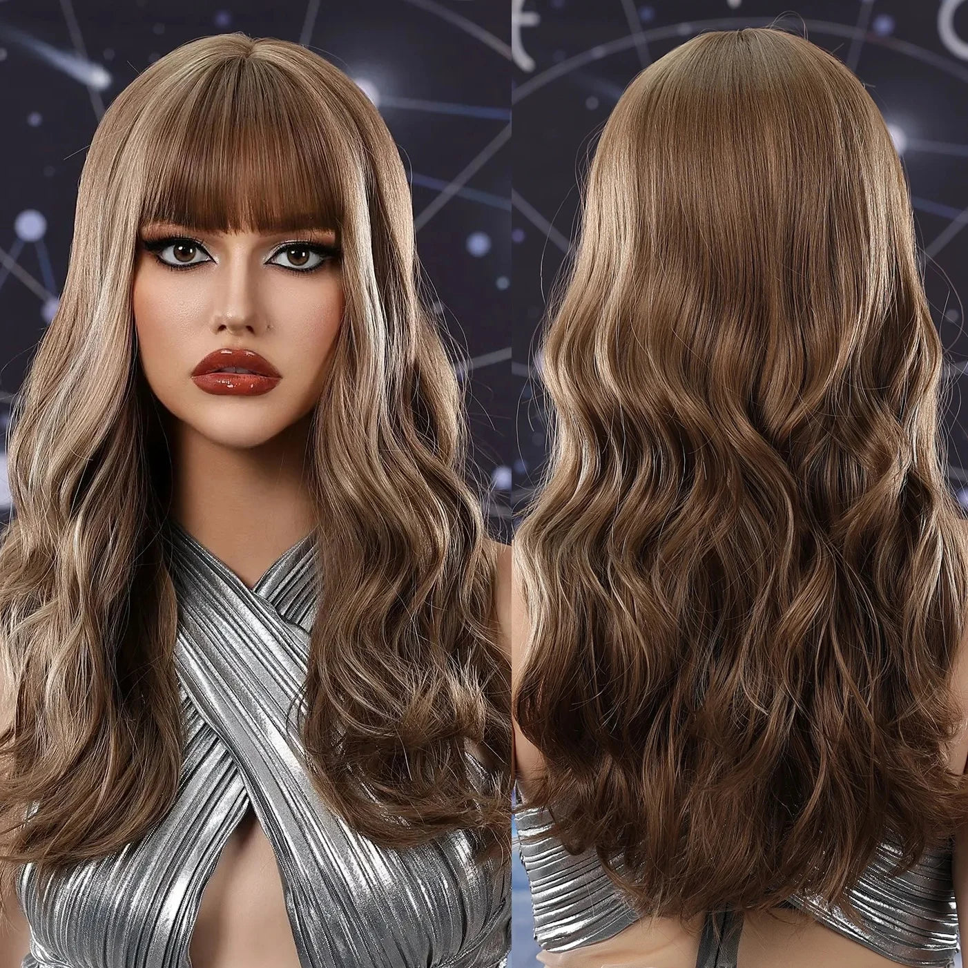 Synthetic Wigs Long Brown Blonde Highlight Wavy Wigs with Bangs for Black Women Christmas Party Heat Resistant Wigs