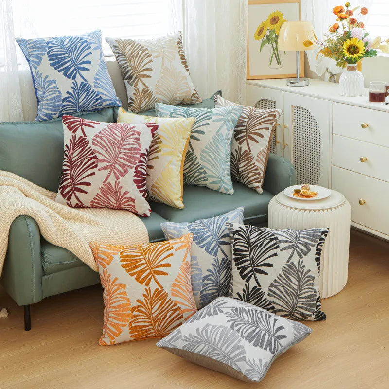 Amity New Style Green Leaves Throw Pillow Covers Luxury Palm Tree Leaves Embroidery Cushion Cover
