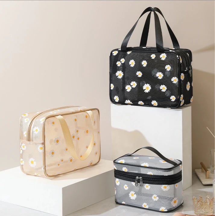 Small Daisy Mesh Fashion Makeup Organizer Kit Bag Pouch Lady Travel Toiletries Water Resistant Cosmetic Case
