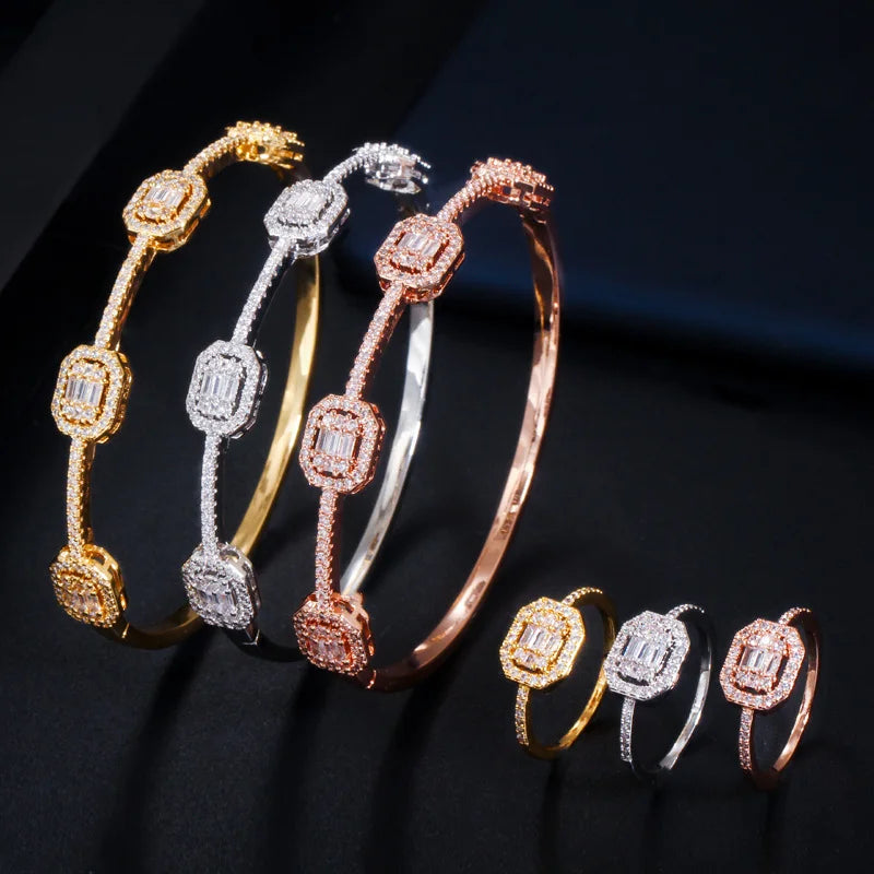 Fashion Copper Stackable CZ Jewelry Cubic Zirconia Rose Gold Color African Bridal Cuff Bangle Bracelet with Ring Set for Wome