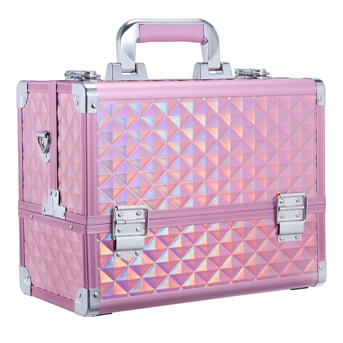 Professional Large Capacity Aluminum Cosmetic Makeup Case Organizer Multi-Layer Gold Lining Open Style Make-Up Carrier
