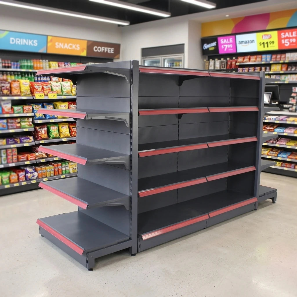Low MOQ Steel Supermarket Display Rack Double-Sided Heavy Duty Freestanding Epoxy Powder Coated Grocery Store Shelves Univers