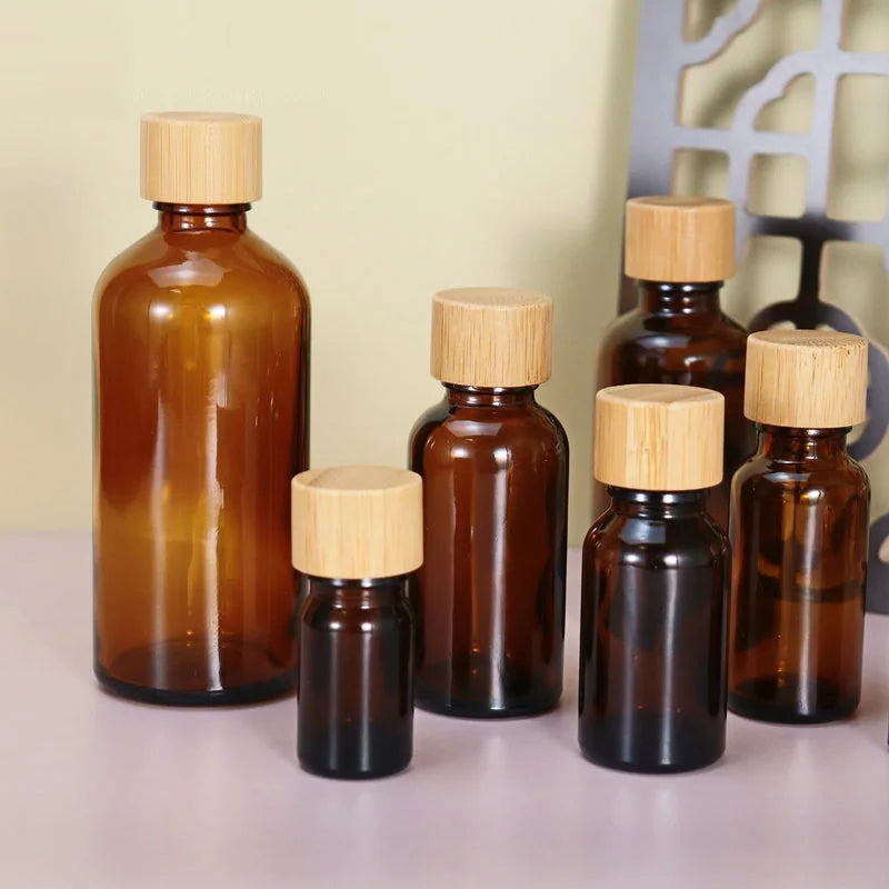 Custom logo  Essential Oil Amber Glass Bottle 5ml 10ml 15ml 20ml 30ml 50ml100ml  Glas Bottle With Bamboo Screw Caps and Nesse
