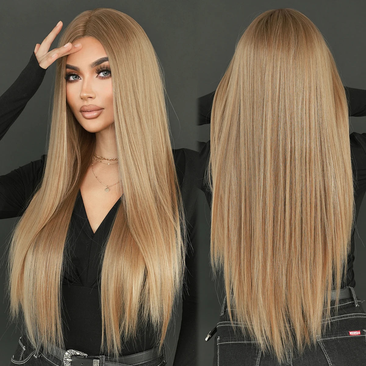 613 Blond Synthetic Hair Wigs 32 Inch Long Straight Hair with Bangs Middle Parted Ombre Blond Wigs Perucas for Women Daily Us