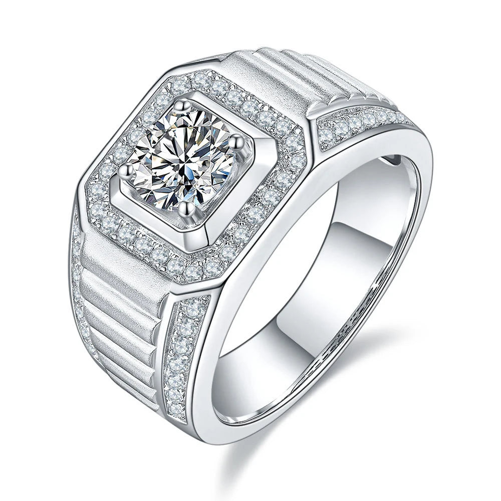 Classic Fine Jewelry 925 Sterling Silver Rhodium Plated Custom 1ct Round Brilliant Cut Vvs Mossanite Engagement Rings Men