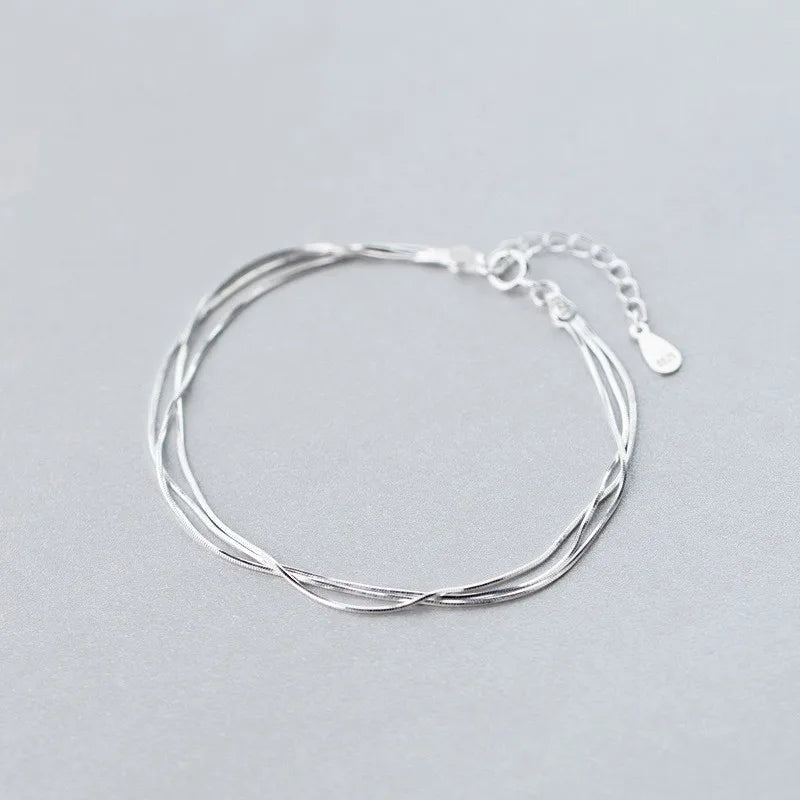 S925 Sterling Silver Retro Vintage Three Layers Snake Chain Texture Couple  Bracelet for Women Men