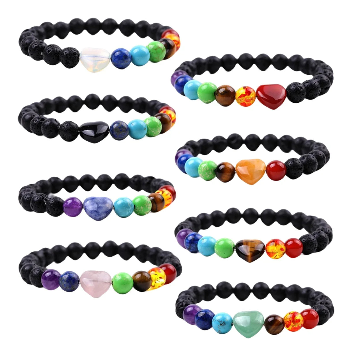 Mixed Color Healing Crystals Stone 7 Chakra Pray Bracelets Jewelry Energy Lava Stone Bracelets for Men Women with Heart Gemst