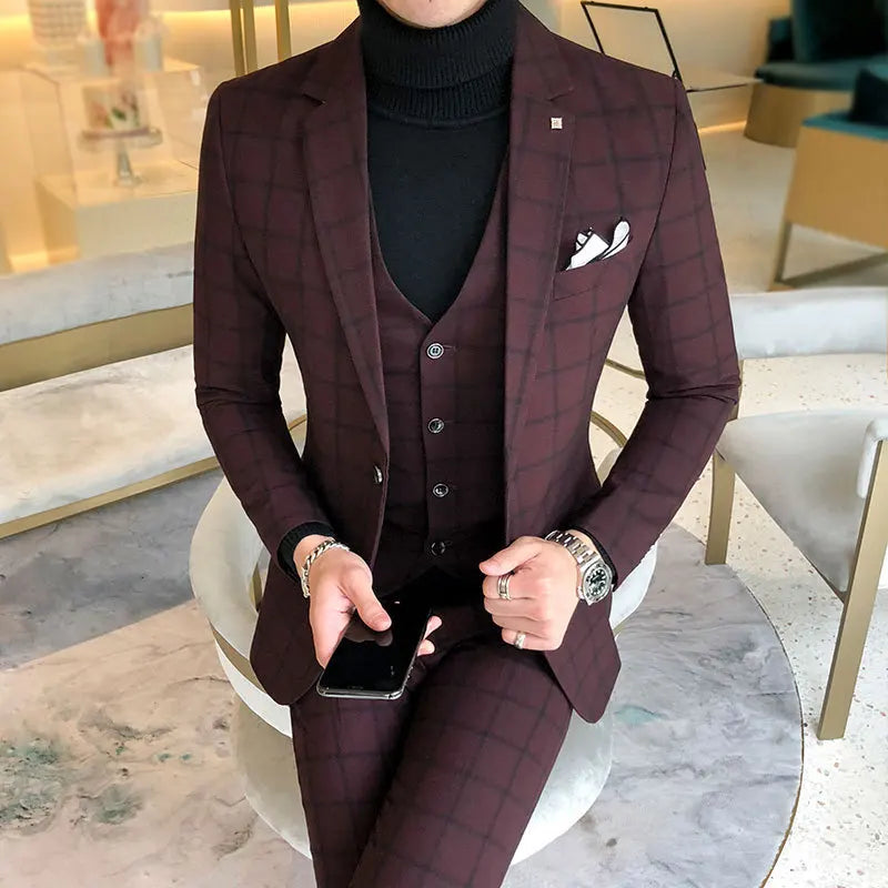 M-58XL Plaid Business Suits Best Wedding Groom's Three-piece Suit Casual Tuxedo  (Jackets+Vest+Pants)big Size Men Business Su