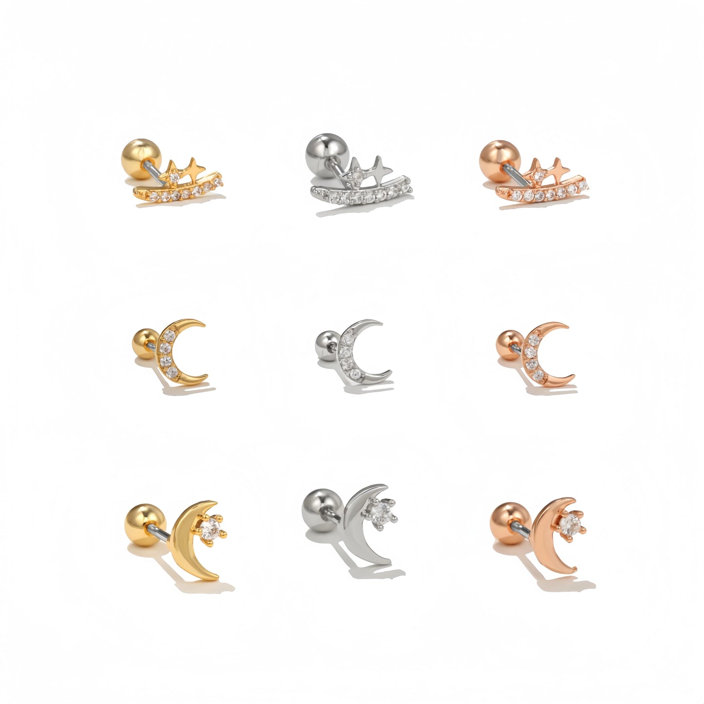 Zuola Wholesale Piercing Studs Earring 18K Real Gold Plated Jewelry Star Moon Shiny Zircon Ear Cartilage Unisex Daily Wear