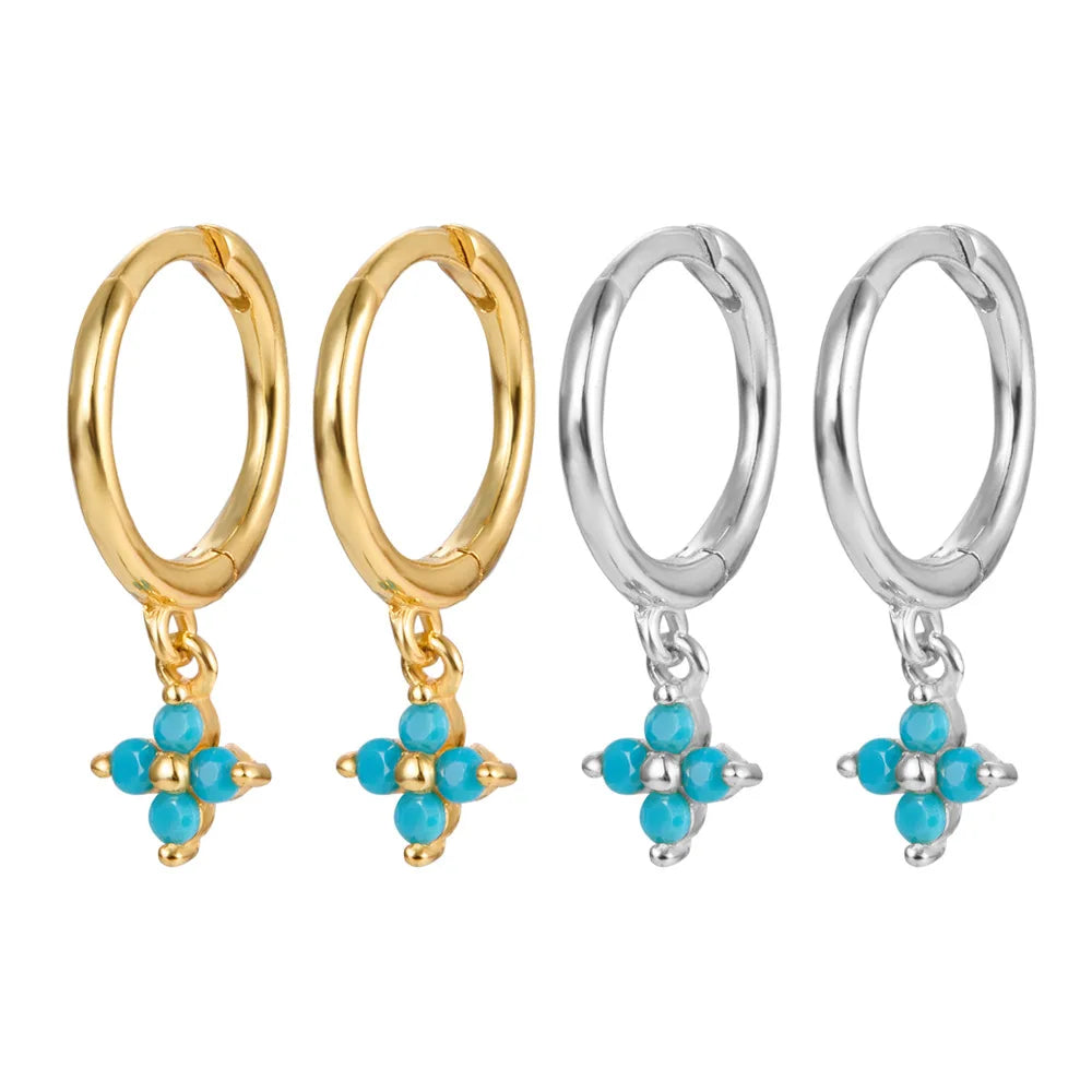 Daidan Dainty Hoop Gold Plated Jewelry Multi Color Zircon Cubic Gold Plated Drop 925 Sterling Silver Clover Dangle Earrings