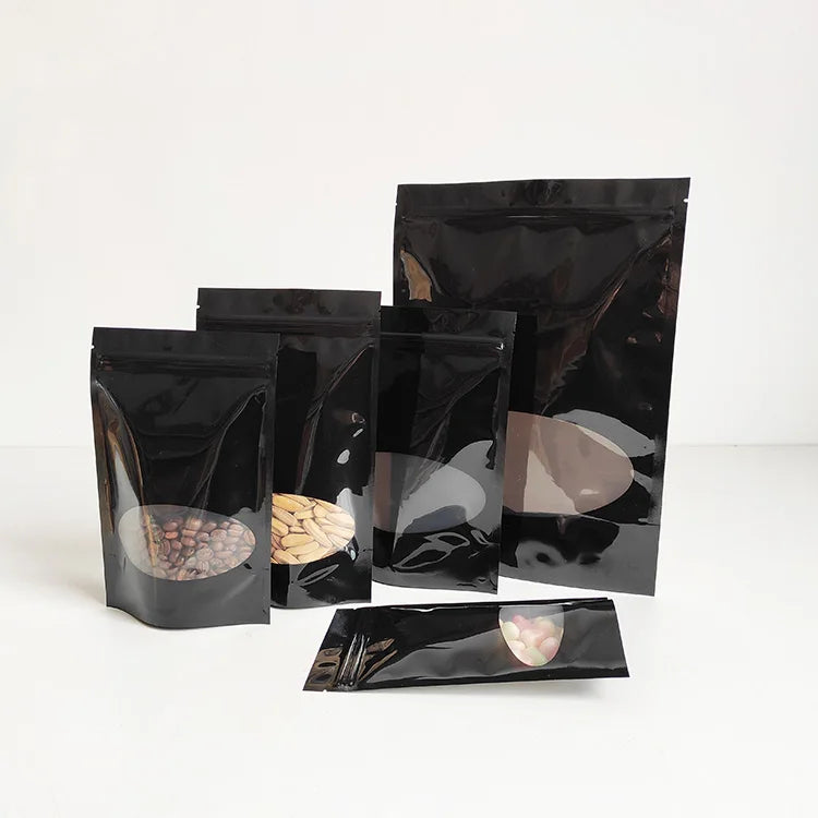 22x30cm New Arrival Reclosable Zip Lock Stand up Black Plastic Food Packaging Bag with Clear Window