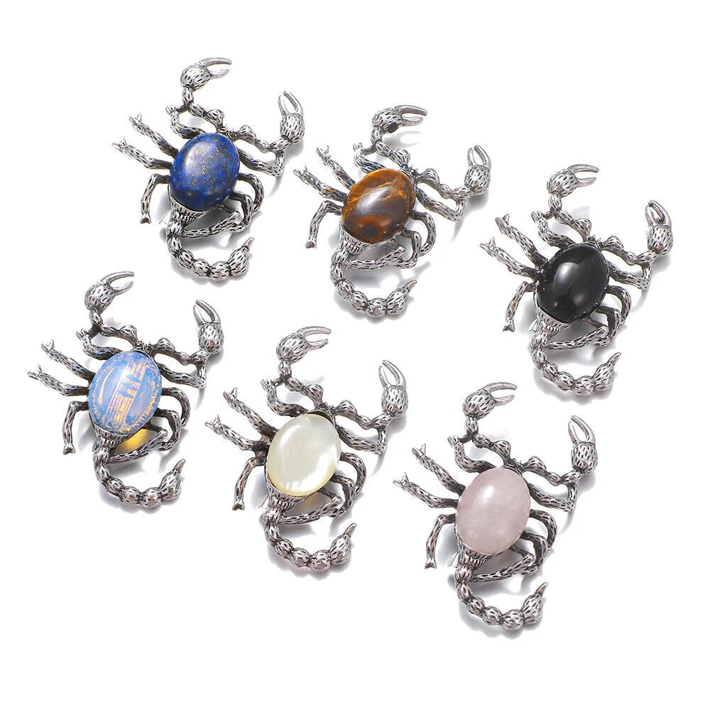 Handmade Metal Brooch Pin Inlaid with Natural Healing Crystals Scorpion Necklace Pendants Accessory for Men Women Children