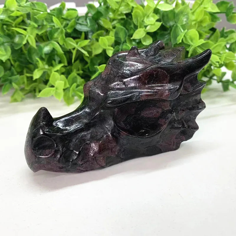 Hot Selling Nature Crystal Red Gemstone Garnet Dragon Skull Head Carved  for Ornament