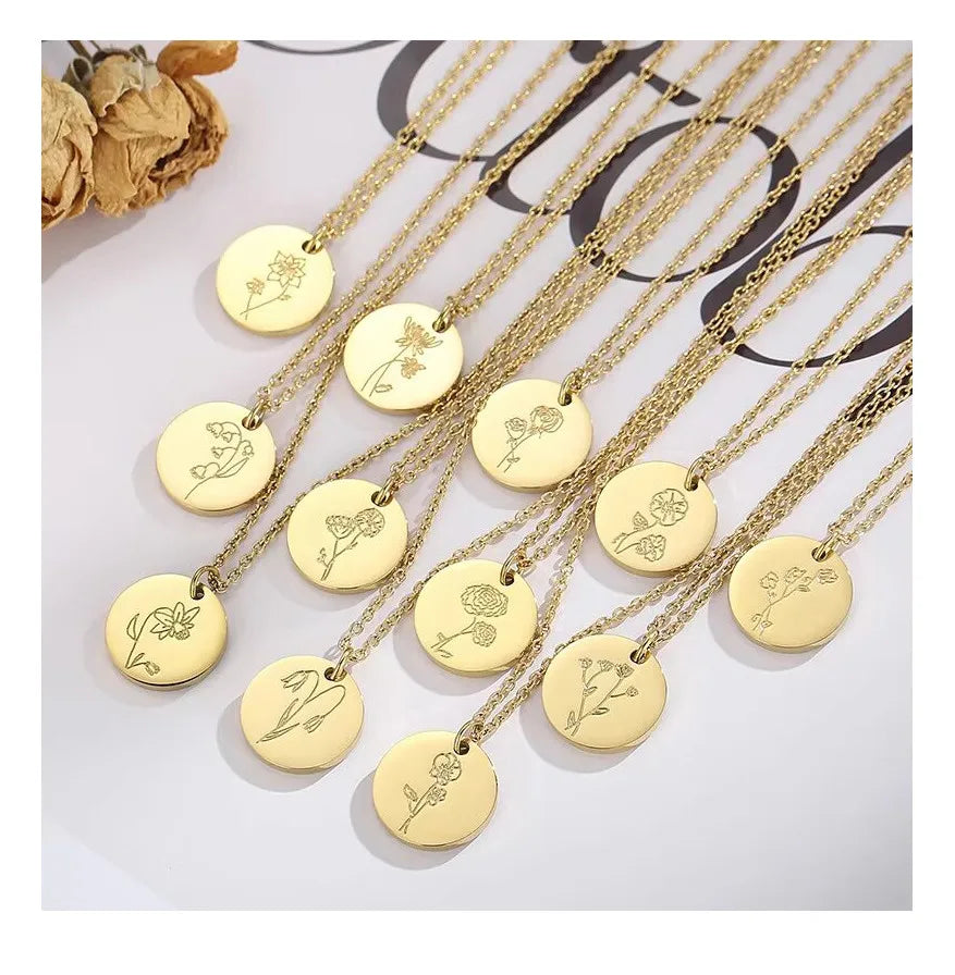 18K Gold Plated Stainless Steel Waterproof Birthflower Minimalist Jewelry Fashion 12 Months Birth Flower Necklace for Women