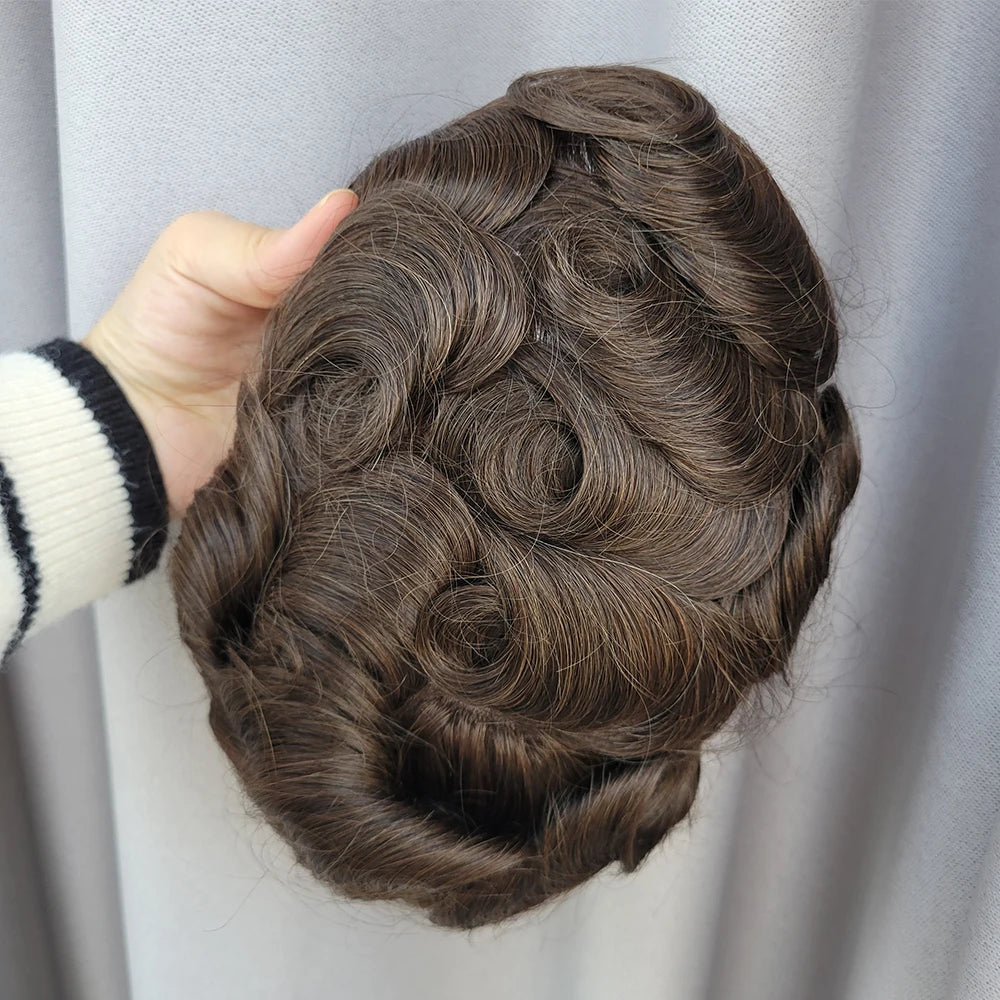 Full PU Thinnest Skin POLY V-Loop Knot the Thickness of 0.02~0.04mm Men Wigs Toupee Indian Remy Hair Any Wave Color Stock