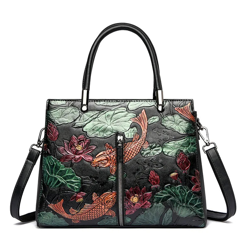 Custom New Retro Female Leather Bag Flowers Pu Leather Tote Bag Handbags Manufacturer Ladies Messenger Shoulder Bag