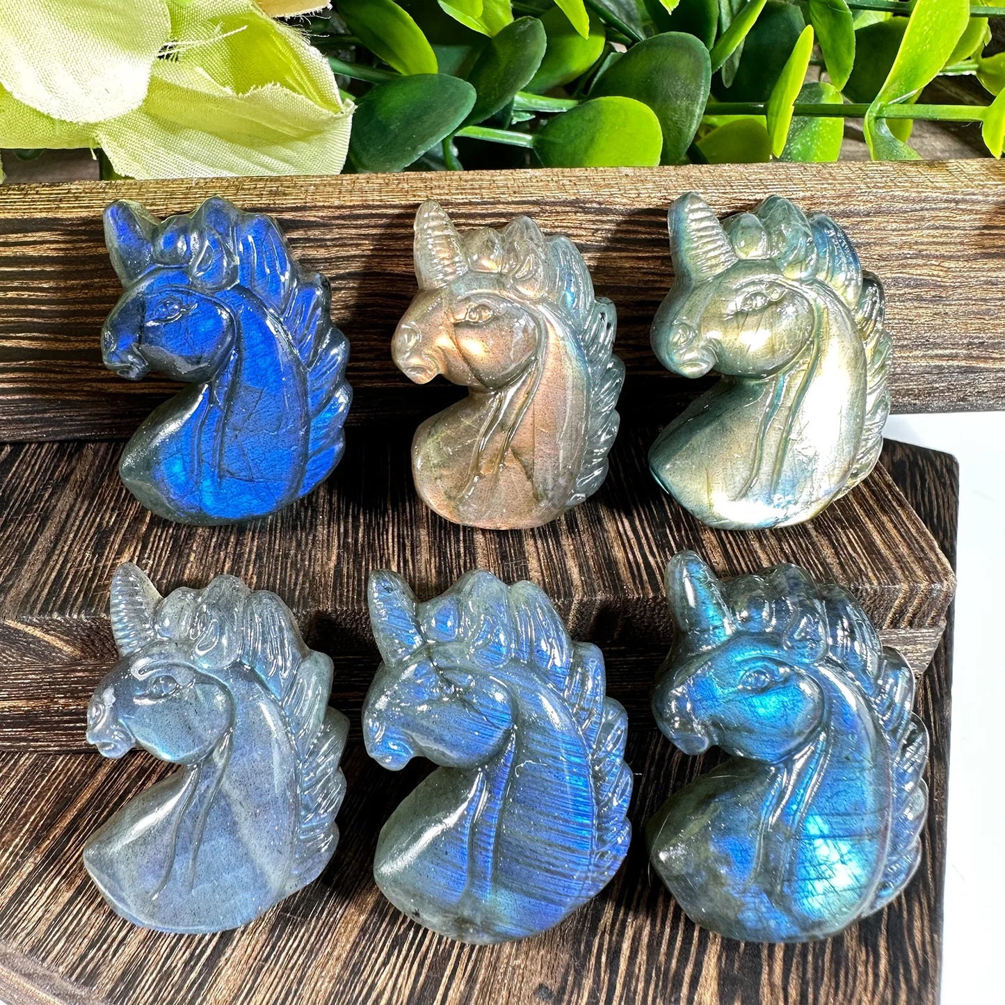 Wholesale Spiritual Natural High Quality Hand Carved Small Labradorite Blue Flash unicorn Heading Carvings for Decoration