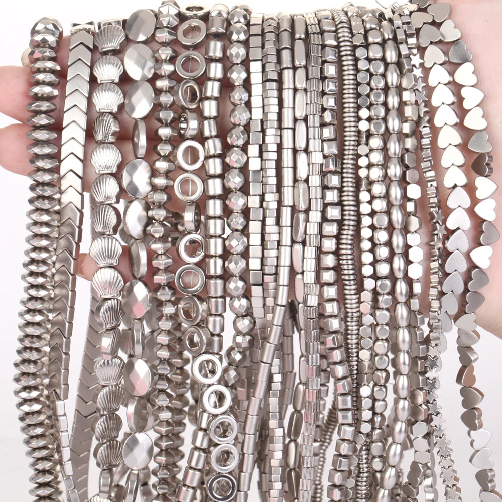 New Style Natural Stone Beads Plating Pearl Grey Color Cross Heart Hematite Spacer Loose Beads for Jewelry Making Handmade DI