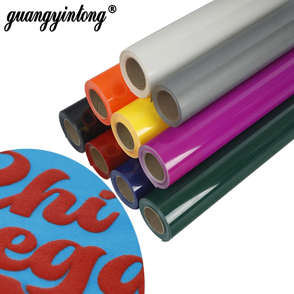 Guangyintong Eco-Friendly Washable 3D Effect Puff PU HTV Heat Transfer Film Textiles Fabrics Nice Hand Feeling Gravure