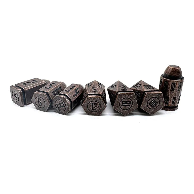 Dungeons and Dragons Rigid Polyhedral Metal Zinc Alloy 7-Piece Dice Set with Cylinder Bullet Shapes in Metal Tin Box