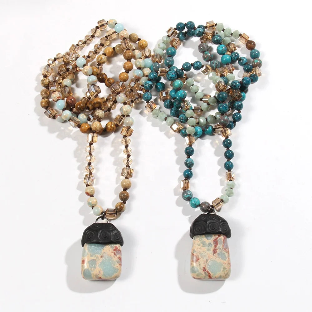 New Fashionable Bohemian Jewelry Accessories 6mm Natural Stone Glass Knot Necklace Natural Stone Square Pendant Necklace