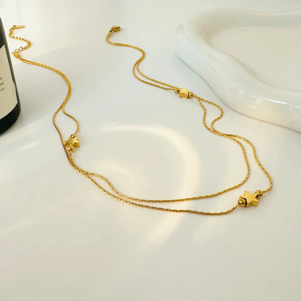 Star Necklace Double Layer Fine Chain Five Pointed Star Pendant Stainless Steel Gold Plated Necklace