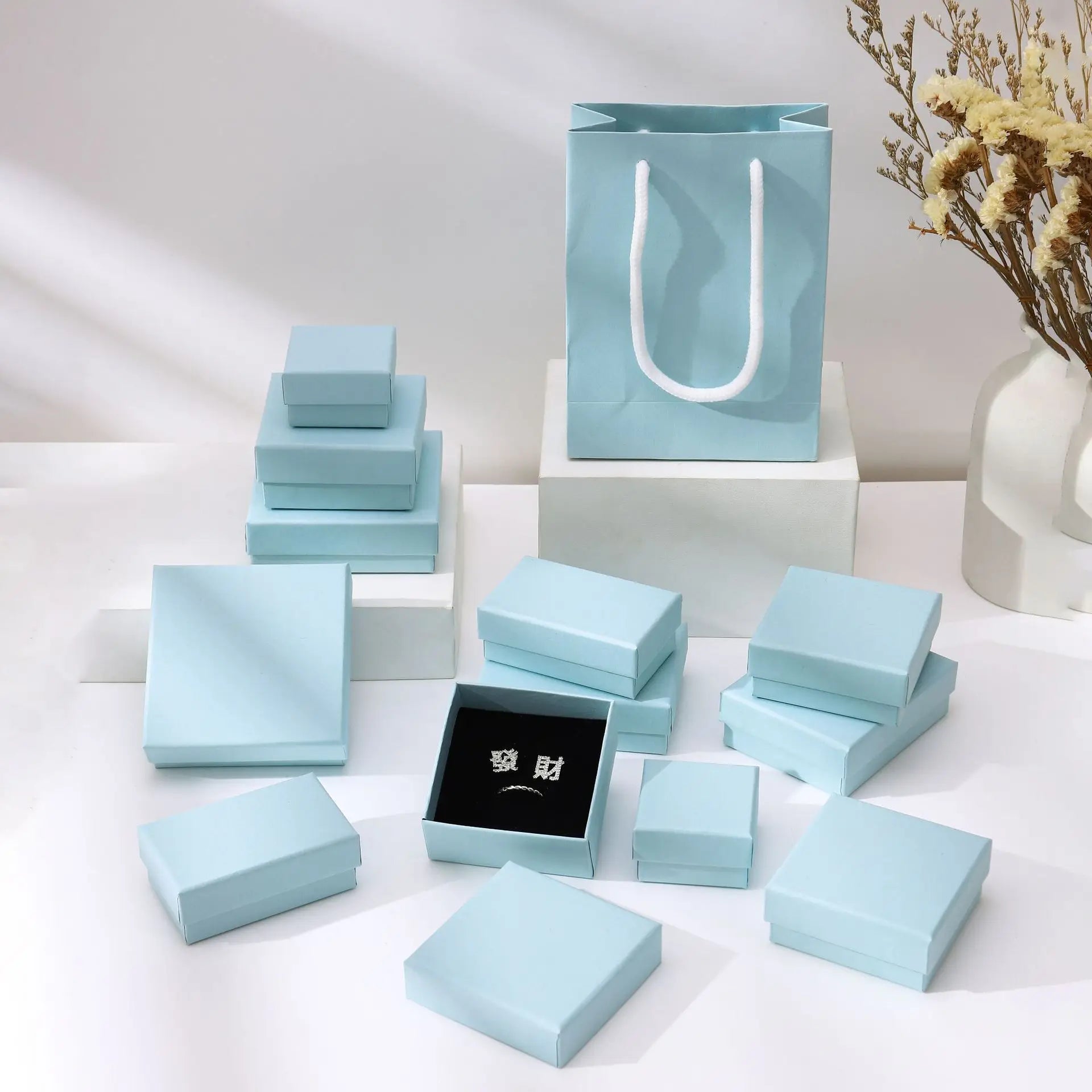Empty Small Cardboard Gift Blue Paper Jewelry Box Rings Earrings Bracelet Necklace Boxes With Lids