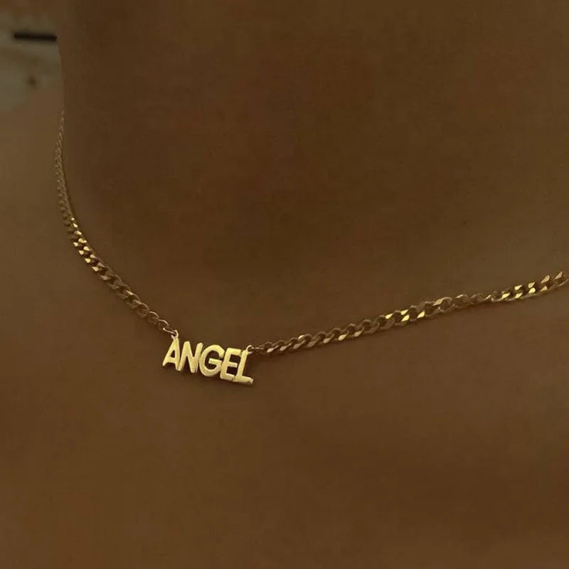 Permanent Jewelry Cuban Chain Angel Letter Pendant Necklace Trendy Jewelry Stainless Steel Necklaces 18k Gold Plated Women's
