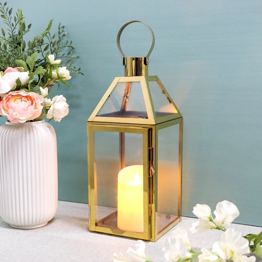 Gold Square Stainless Steel Glass Candle Lantern Hanging Floor Lantern for Christmas and Wedding Home Decor