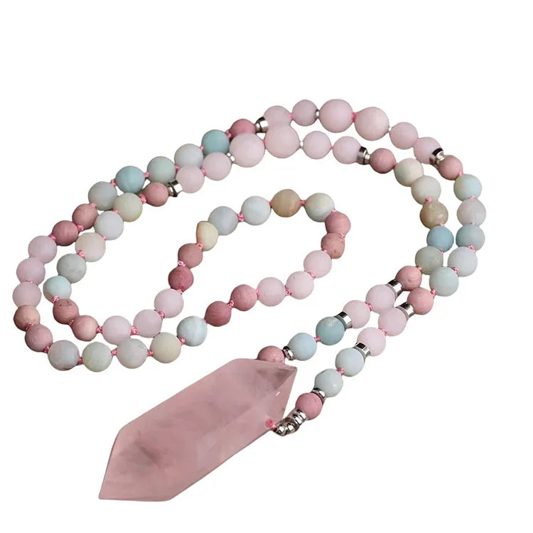 Rose Quartz Mala Necklace  Matte Frosted Round Stone Beads  Healing Crystal Point Pendant Yoga Necklaces
