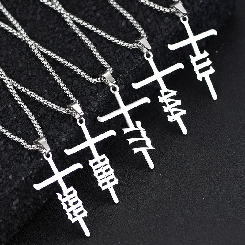 Waterproof 111- 999 Angel Number Necklace Fashion Stainless Steel Lucky Angel Number Cross Pendant Necklace for Men Boys