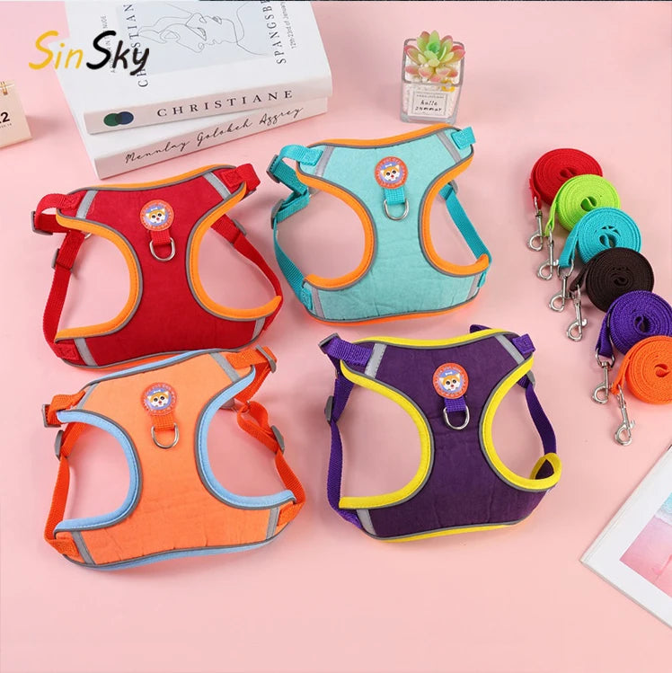 SinSky Dog Harness Set Walking Soft Light-Wight Suede Fabric  Prevent Rushing Step in Puppy Dog Harness Set