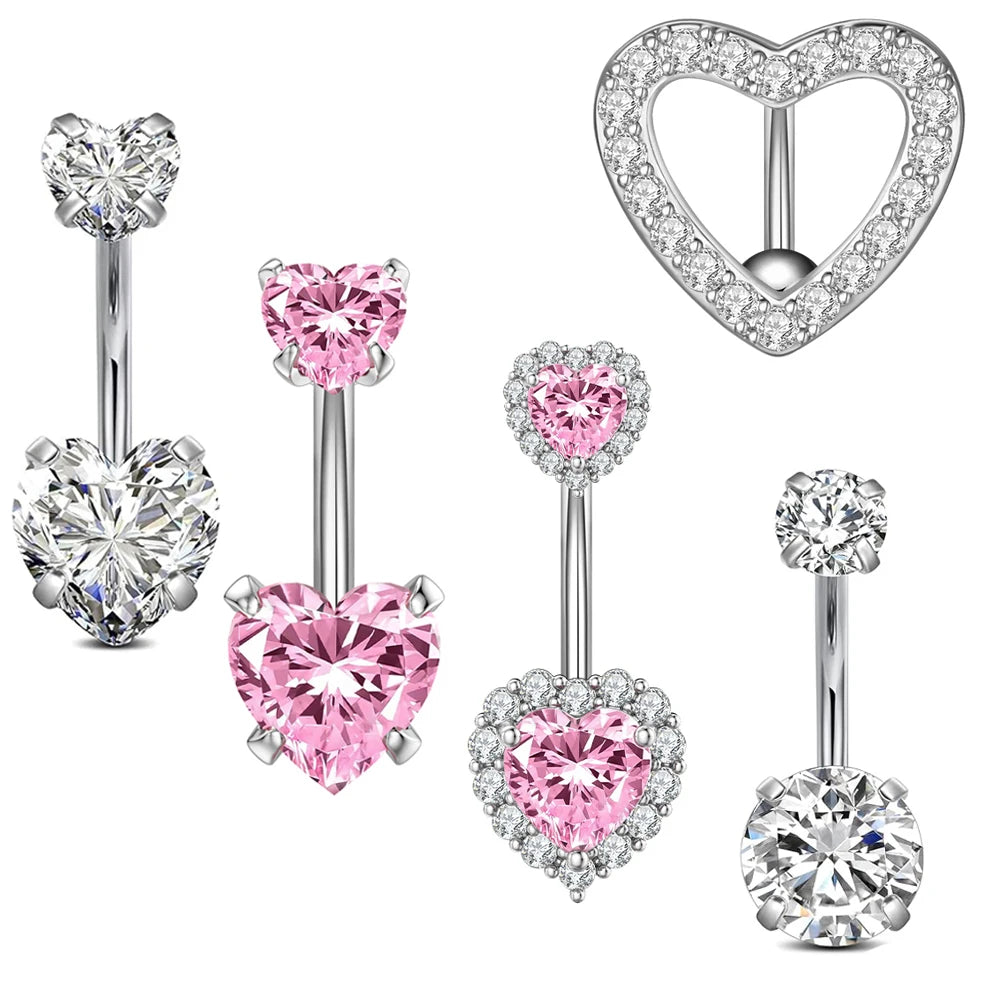 Set of 5 Cute Pink Heart Stainless Steel Belly Button Rings 316L Surgical Steel Navel Piercing Jewelry for Women