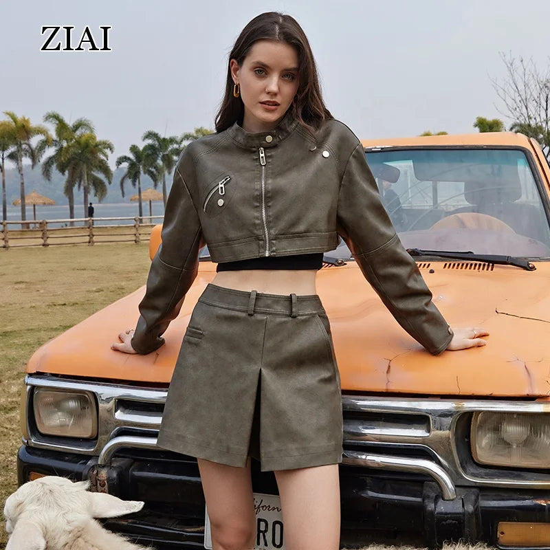 Spring Summer Original Design Motorcycle Leather Coat Leather Skirt Retro PU Leather Coat Set Ladies Winter Jackets