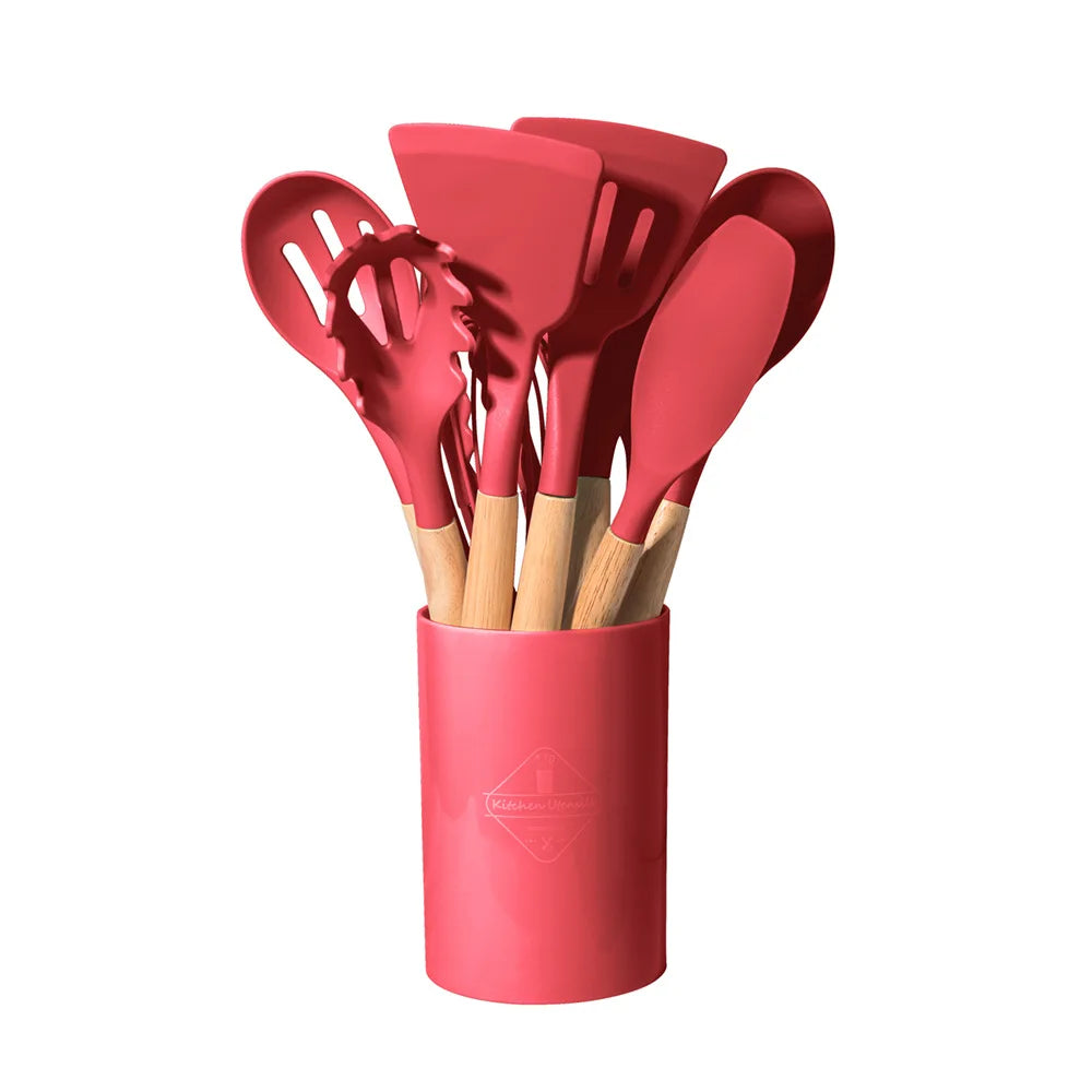12-Piece Multi-Functional Silicone Kitchen Cooking Utensils Set with Wooden Handle Food Clip Leaky Spoon