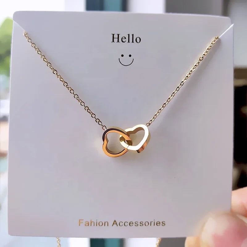 Dina Wholesale Fashion Women Gold Hollow Heart Charm Necklace Double Love Pendant Necklace Stainless Steel Jewelry for Women 