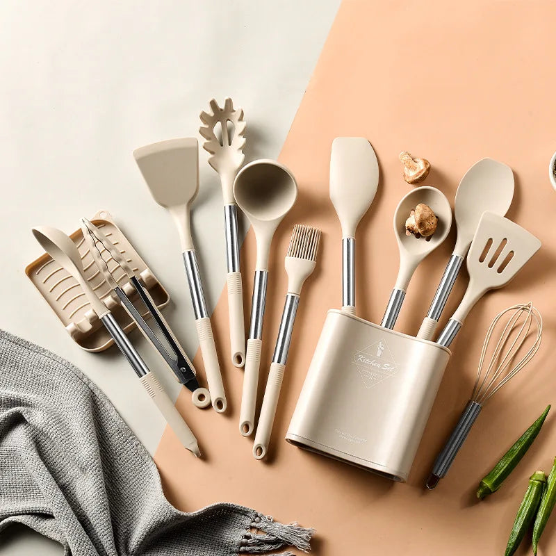 Wholesale Kitchen Silicone Kitchenware Set Stainless Steel Handle Custom logo