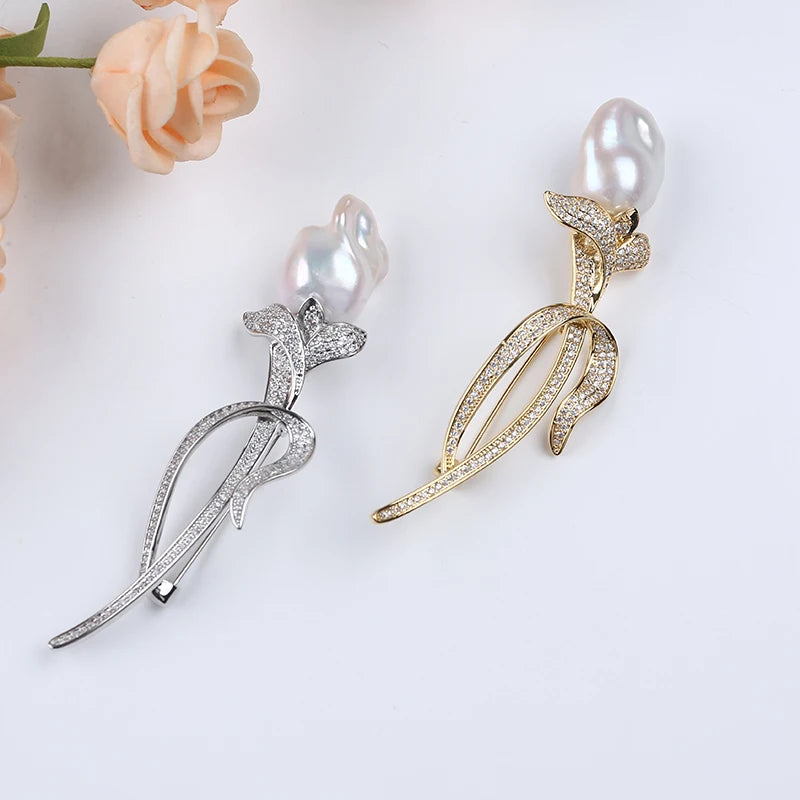 Wholesale Luxury Jewelry Tulips Natural Freshwater Baroque Pearl Gold Plated White Trendy Unisex Decorative Brooch