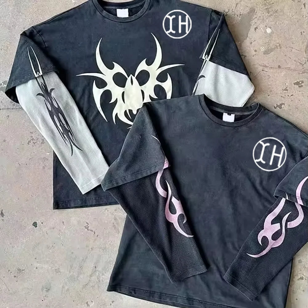Factory Customized Long Sleeve Oversized 100% Cotton Knitted Double Layer Acid Wash Vintage Men's T-Shirt
