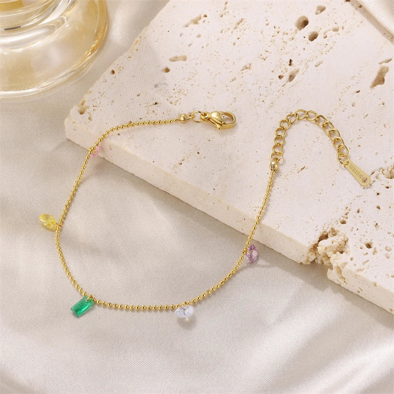 18K Gold Plated Vintage Style Anklets for Women Fashionable Stainless Steel Chain with Colorful Gemstones Women's Jewelry